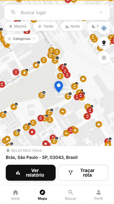 App SeuZebra mostrando mapa de segurança com ocorrências por região em São Paulo