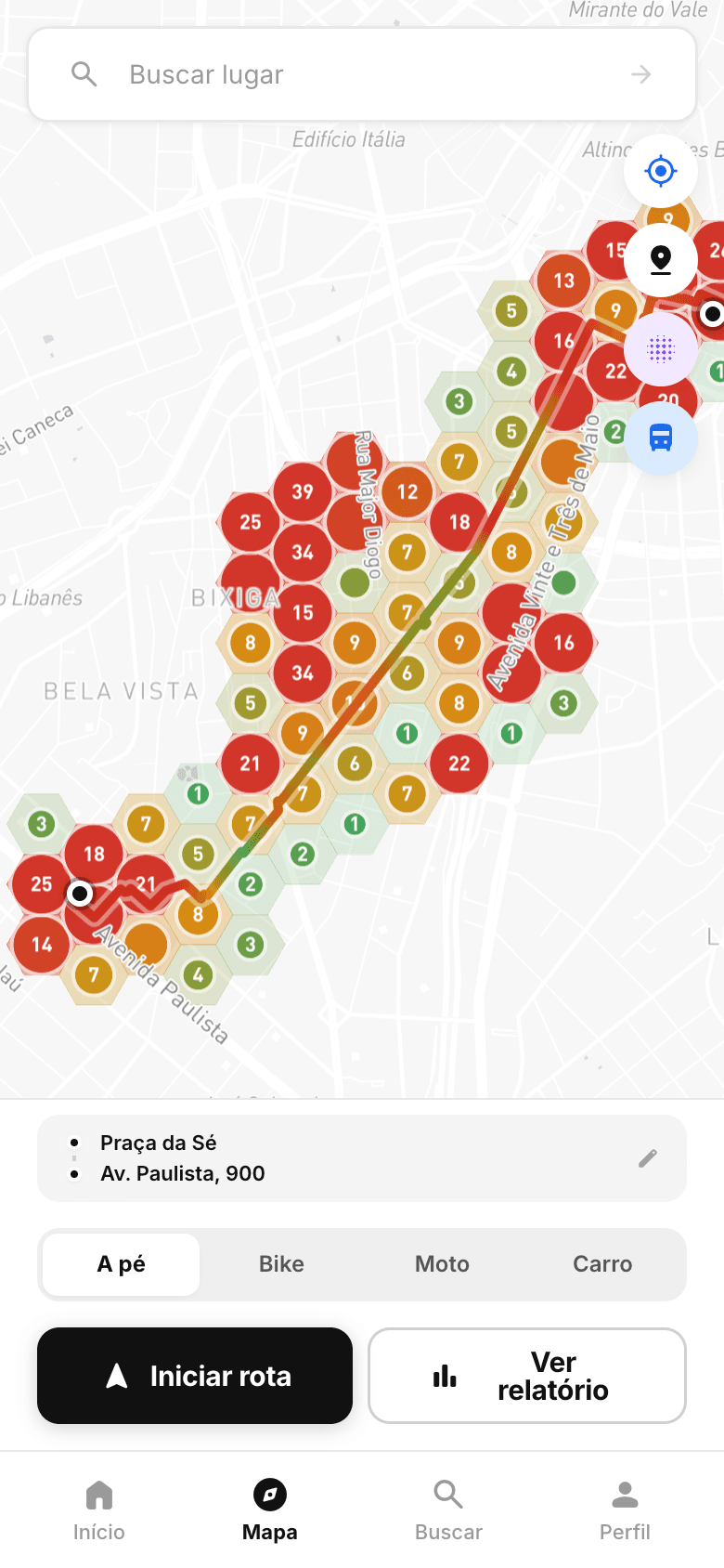 Mapa com rota e heatmap