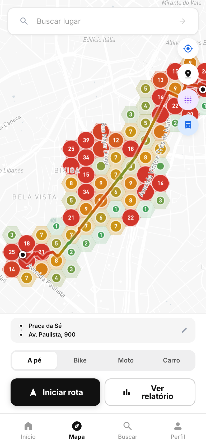 Mapa com rota e heatmap